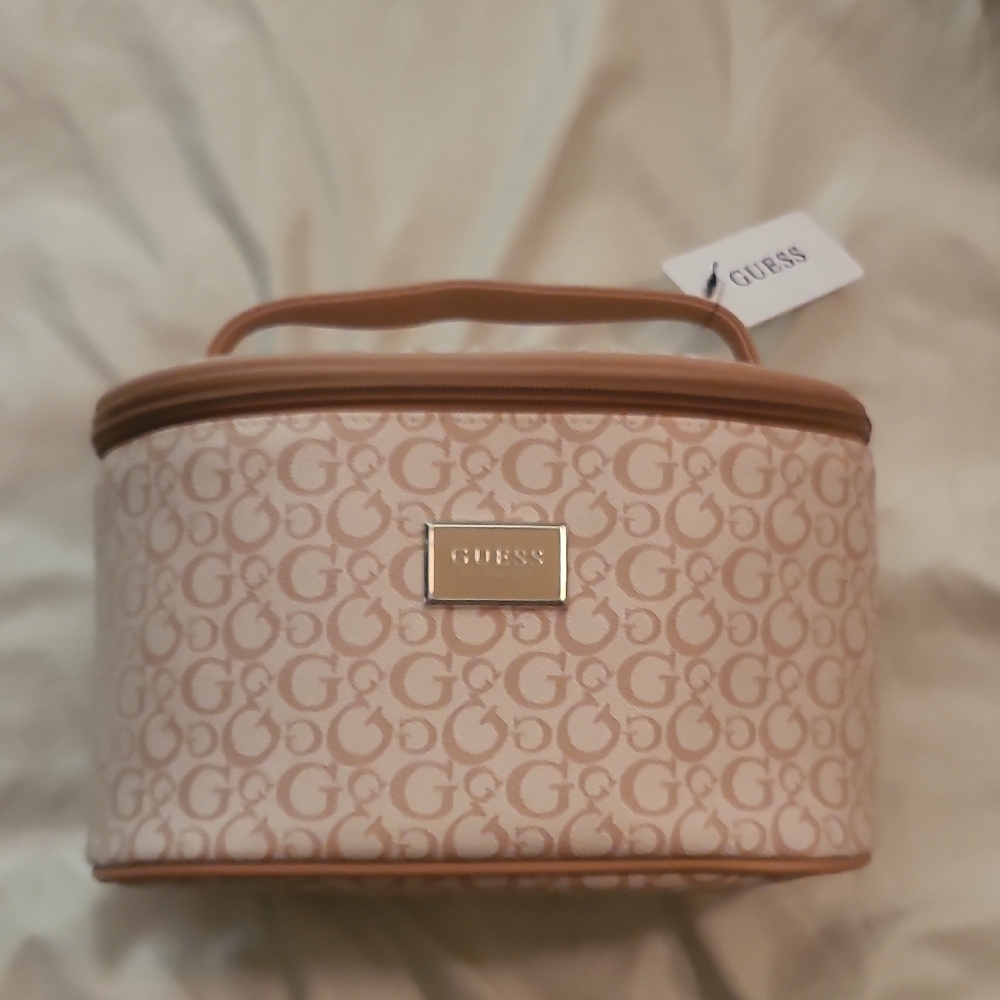 GUESS Blush Pink Logo Cosmetic Case with Tan Accents
